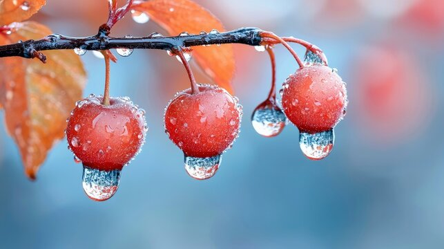 Close-up of red berries with water droplets hanging from a branch against a blurred blue background. The image captures the beauty of nature. - Powered by Adobe