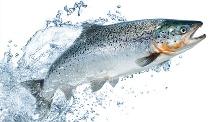 Obraz premium A salmon jumps out of clear water splashing droplets around. The fish exhibits vibrant colors capturing a moment of energy and life in its habitat.
