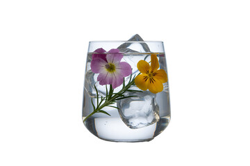 Glass of water with ice and colorful flowers isolated on transparent background