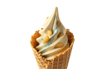Swirled soft serve ice cream in a waffle cone isolated on transparent background