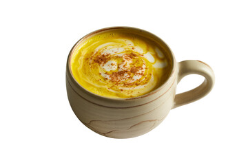 Warm golden turmeric latte in a rustic mug isolated on transparent background