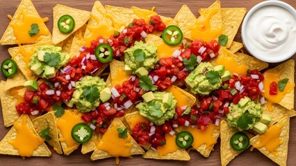 A delicious platter of loaded nachos with melted cheese, salsa, guacamole, jalapeños, and a side of sour cream.