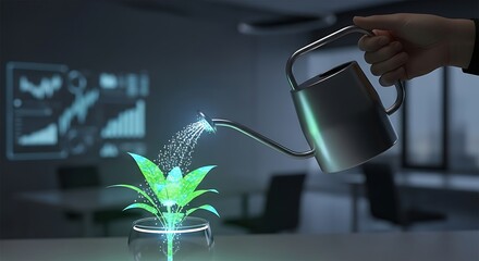 Nurturing Growth: Visualizing Investment in Plant Life within a Modern Office Setting with Data Visuals in the Background.