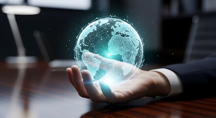 Person Holding Digital Globe: Global Connections and Future Technologies in the Palm of Hand