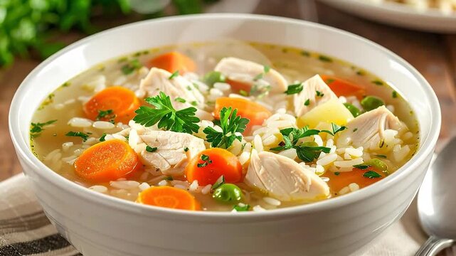 Wholesome Chicken Rice Soup With Carrots And Peas Garnished With Fresh Parsley In A White Bowl On A Rustic Wooden Table