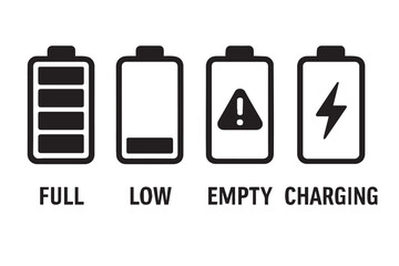Fototapeta premium Battery Status Vector Icons with Full, Low, Empty, and Charging Levels