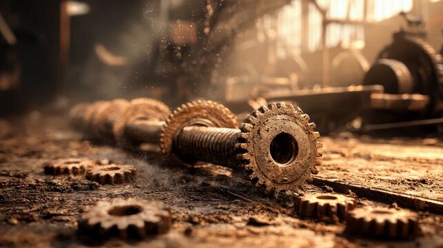 Close-up of rusty gears and a threaded rod lying on a wooden surface in a workshop. The scene is filled with dust and illuminated by warm light.