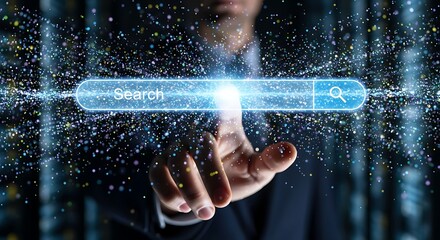 Person's Hand Interacting with a Glowing Search Bar Among Dazzling Particles for Online Connection and Information Retrieval.