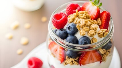 Delicious yogurt parfait with fresh berries and granola in a glass jar.