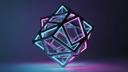 “Highly detailed 3D render of a floating geometric cube sculpture made of metallic frames and glowing neon edges, soft volumetric lighting, minimal futuristic background, high-contrast reflections, mo