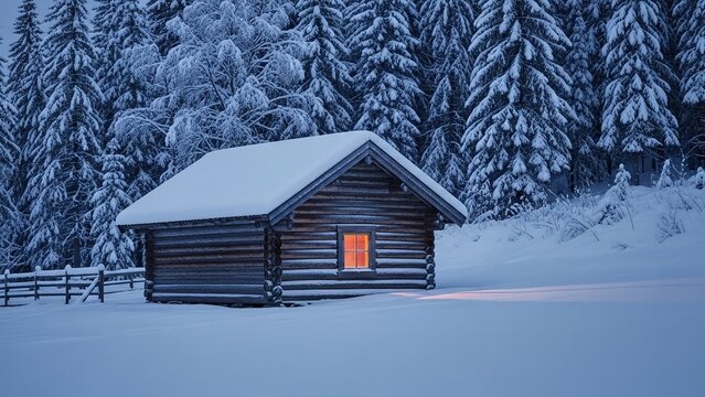 A cozy wooden cabin blanketed in fresh snow, with a warm light glowing from its window, nestled in a frosted pine forest under a winter sky