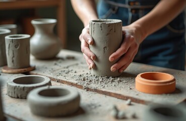 Female hands shape wet clay vase in cozy pottery workshop. Artisan makes handmade ceramics on wooden table. Potter molds earthenware utensil for small business. Creative woman working in studio