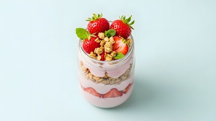 A delicious strawberry yogurt parfait with granola and fresh mint in a glass jar on a light blue background.