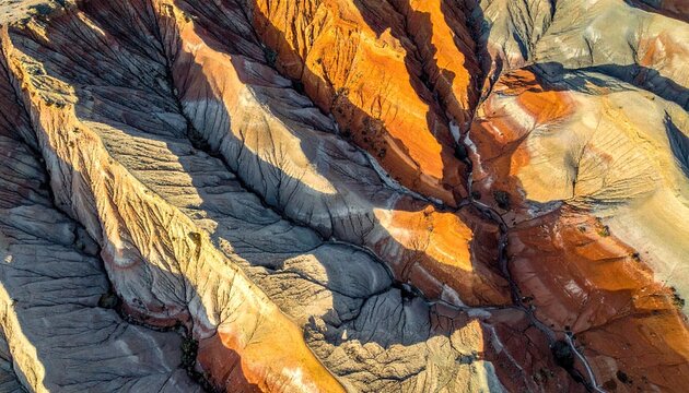 Aerial View of Eroded Clay Hills with Golden Hour Lighting Displays Unique Textures and Earth Tone Colors in Natural Light