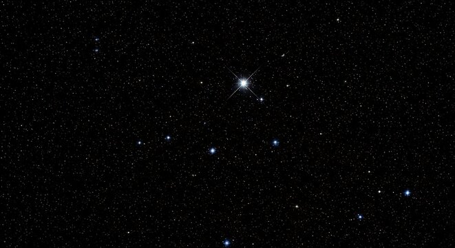 A distant celestial object with a bright nucleus and a faint tail glows against a vast black expanse filled with countless tiny stars