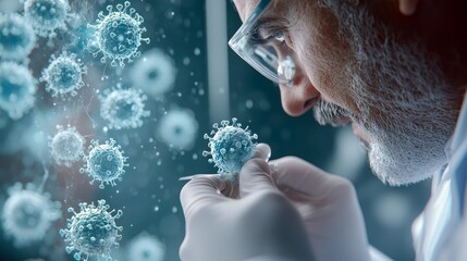 A scientist, wearing glasses and gloves, examines a virus sample in a laboratory setting. The image emphasizes scientific research and the study of viruses.