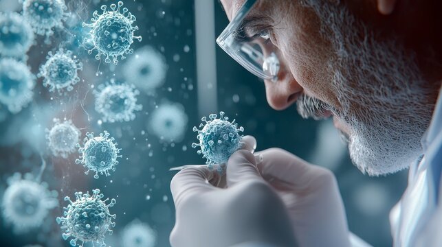 A scientist, wearing glasses and gloves, examines a virus sample in a laboratory setting. The image emphasizes scientific research and the study of viruses.
