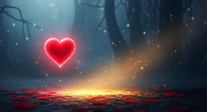 Mystical glowing heart illuminates a forest floor covered in red petals