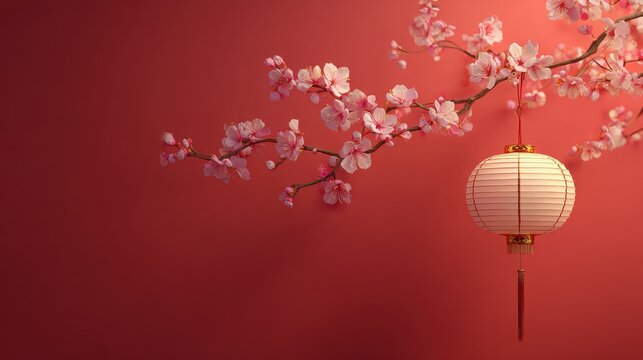 Beautiful chinese lantern and delicate cherry blossom branch on a vibrant red background, perfect for lunar new year
