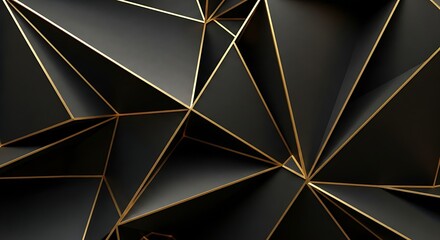 Abstract geometric background with sharp dark grey triangular facets and thin shimmering gold lines creating a modern and luxurious digital art pattern