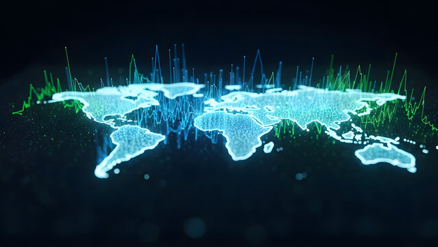Global data visualization with a glowing world map showing insights, perfect for business reports, technology presentations, and innovative marketing materials, conveying global reach