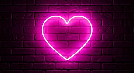 Vibrant pink neon heart sign illuminates a textured brick wall
