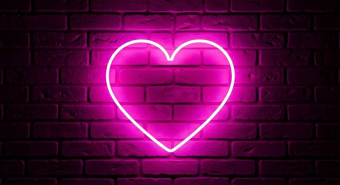Vibrant pink neon heart sign illuminates a textured brick wall - Powered by Adobe