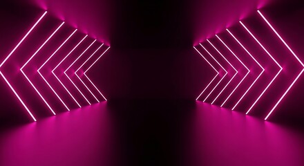 Abstract futuristic tunnel with glowing pink neon lights reflecting on a dark floor creating a sense of depth and motion