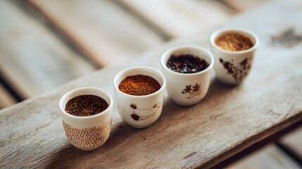  An artistic arrangement of spice cups on a wooden table from an overhead perspective.