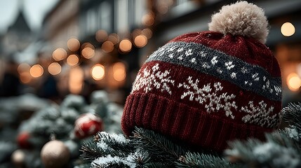 A red knitted hat with patterns of white snowflakes and a beige pompom rests on the snow-covered branches of an evergreen plant, probably a Christmas tree.