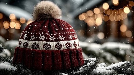 Santa's hat is lying on the branches of the Christmas tree