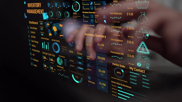 Inventory management dashboard showing supply chain performance, stock levels, order cycle times, cost reduction, and procurement ROI. Inventory tracking, and streamline warehouse efficiency. Thunk