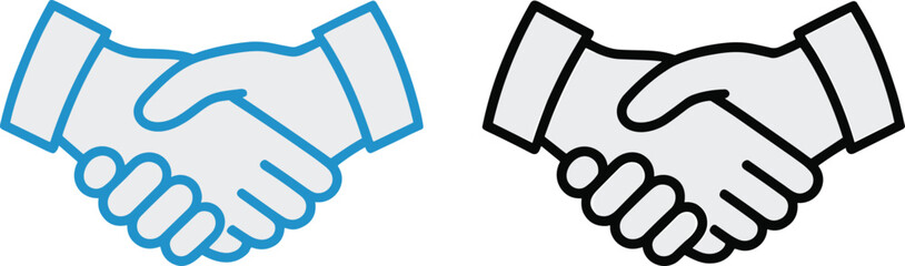 “Professional handshake vector icons in blue and black outline styles representing business agreement, partnership, cooperation, teamwork, unity concepts – cad drawing flat vector illustration