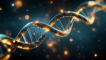 Stunning 3D render of a glowing golden DNA strand with abstract particles in the background - Powered by Adobe