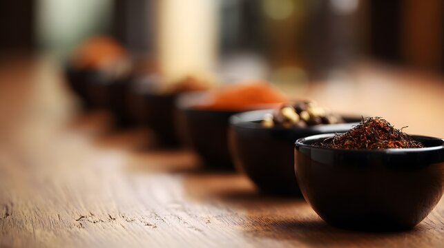  An artistic arrangement of spice cups on a wooden table from an overhead perspective.