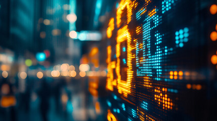 Dynamic stock market data display pulsating with vibrant digital city energy and financial trends