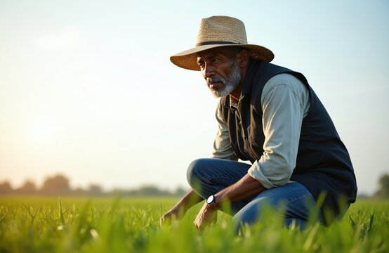 Mature farmer in straw hat inspects young green crop in field at sunrise. Man kneels checking plant growth, assessing harvest. Rural lifestyle, organic farming, healthy produce. Agricultural worker