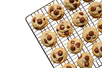 Freshly baked chocolate chip cookies on a cooling rack isolated on transparent background
