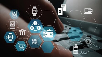 Digital wallet icons show mobile payment, digital wallet transfer, and online banking. Digital wallet supports secure payment, cashless transactions, and financial integration. Funnel - Powered by Adobe