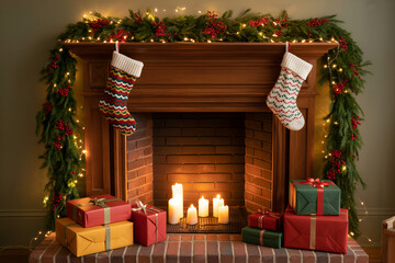 Cozy christmas fireplace with stockings and gifts