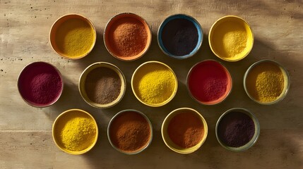  An artistic arrangement of spice cups on a wooden table from an overhead perspective.