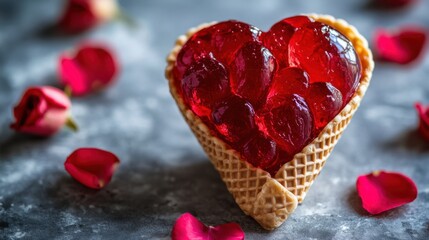 A heartshaped jelly dessert in a waffle cone surrounded by scattered rose petals on a textured gray surface, evoking love and sweetness