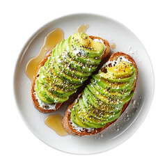 Honey Yogurt Avocado Toast, on white plate, top view with transparent isolated on with white background(4)