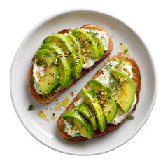 Honey Yogurt Avocado Toast, on white plate, top view with transparent isolated on with white background(6)