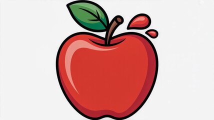 Cartoon illustration of a ripe red apple with a green leaf and juice splash isolated on white background