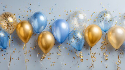 Balloons in blue gold and clear shades line a light backdrop with scattered confetti adding a playful touch to this vibrant party scene suitable for celebrations.