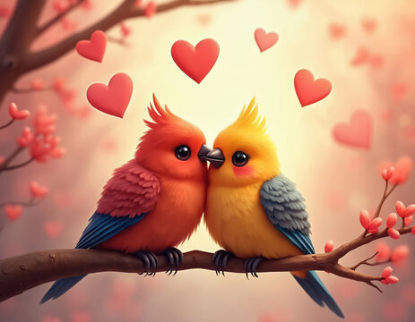 Two cute birds sit on a branch. Red hearts float in background. Valentine Day photo shows a romantic couple in love. Illustration features design with pink colors. - Powered by Adobe