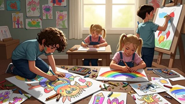 Kids creating vibrant art together, childhood imagination and creative learning