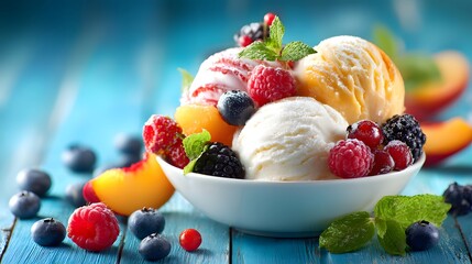Delicious ice cream scoops with fresh berries and fruit on a vibrant blue wooden table.