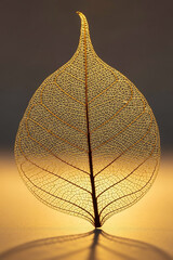 Golden Leaf Skeleton Macro with Transparent Veins and Warm Backlight